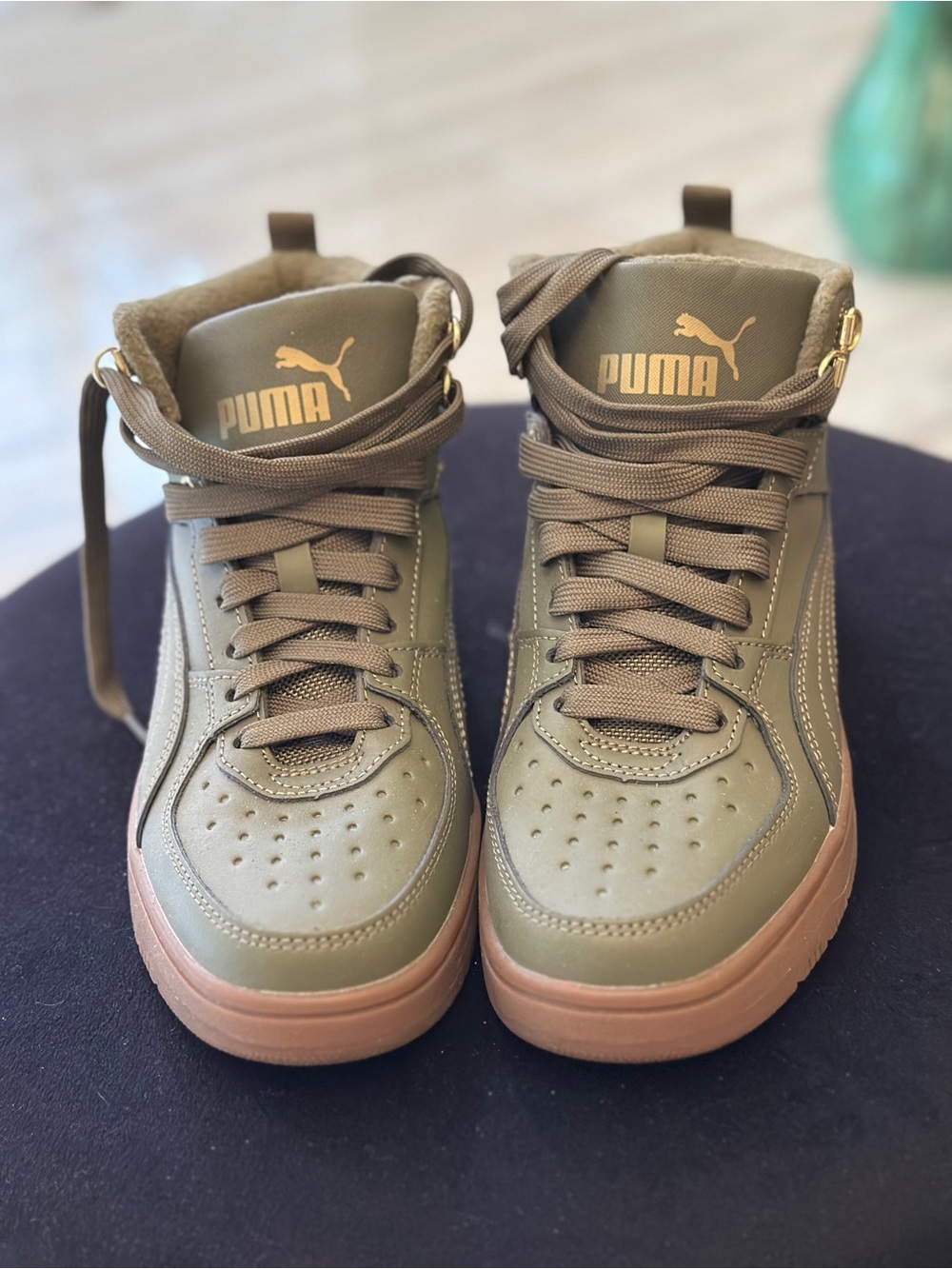 Puma women’s High-Top Sneakers in Olive Green with Tan Sole